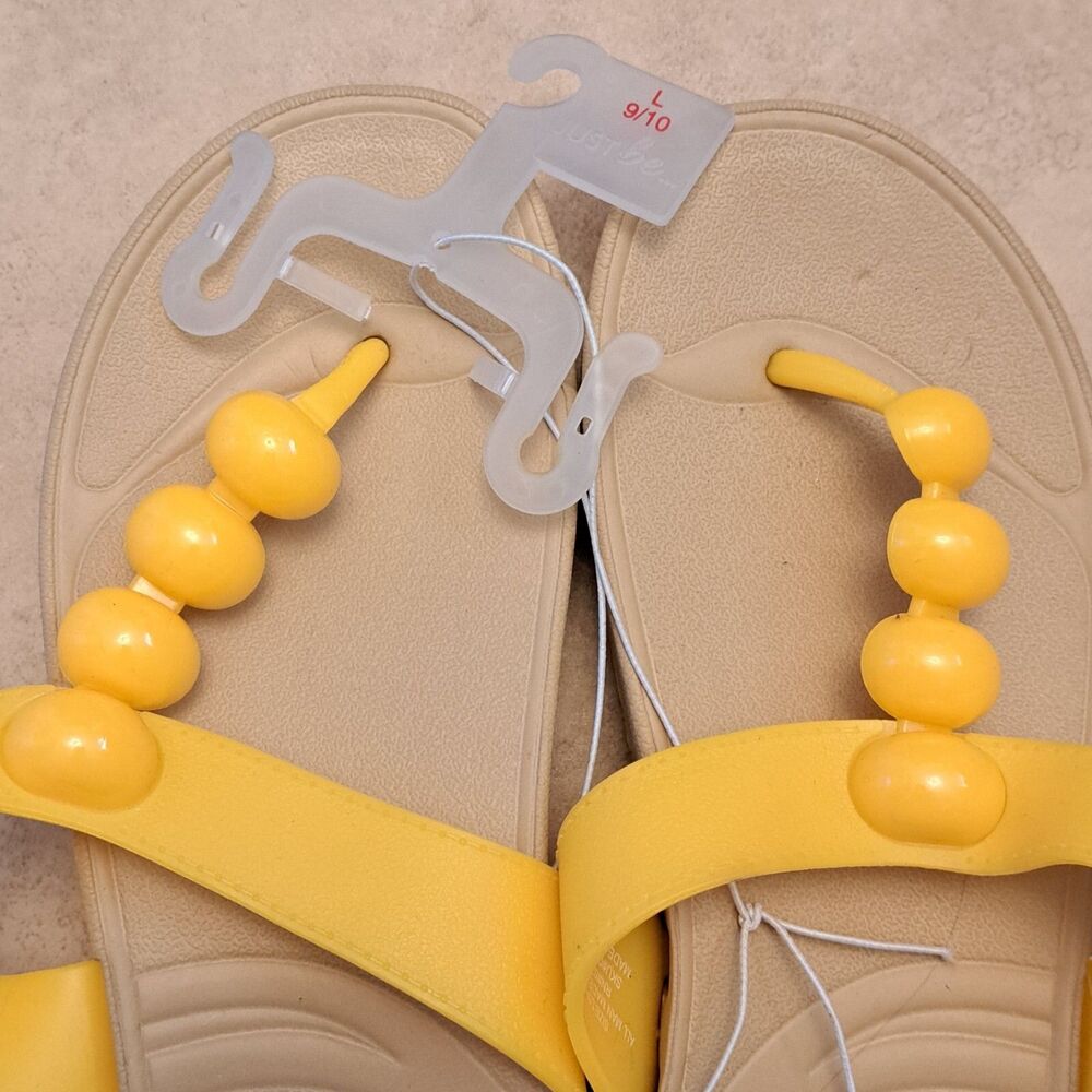 NEW Just Be Flip Flops Summer Shoes Tan And Yellow Size L 9-10 - Picture 3 of 4